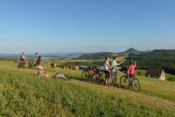 Eine Gruppe von Farhrradfahren genießt den Blick in die Hegau-Landschaft